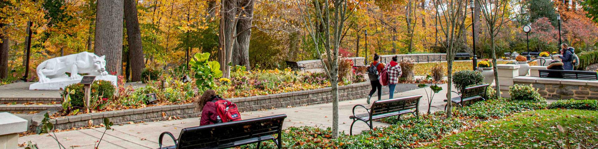 Sutherland Plaza during fall and students walking